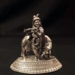 Divine Handcrafted Pure Silver Lord Krishna with Cow Idol – Antique Finish Krishna Playing Flute (Muralidhar) Statue for Puja & Home Decor