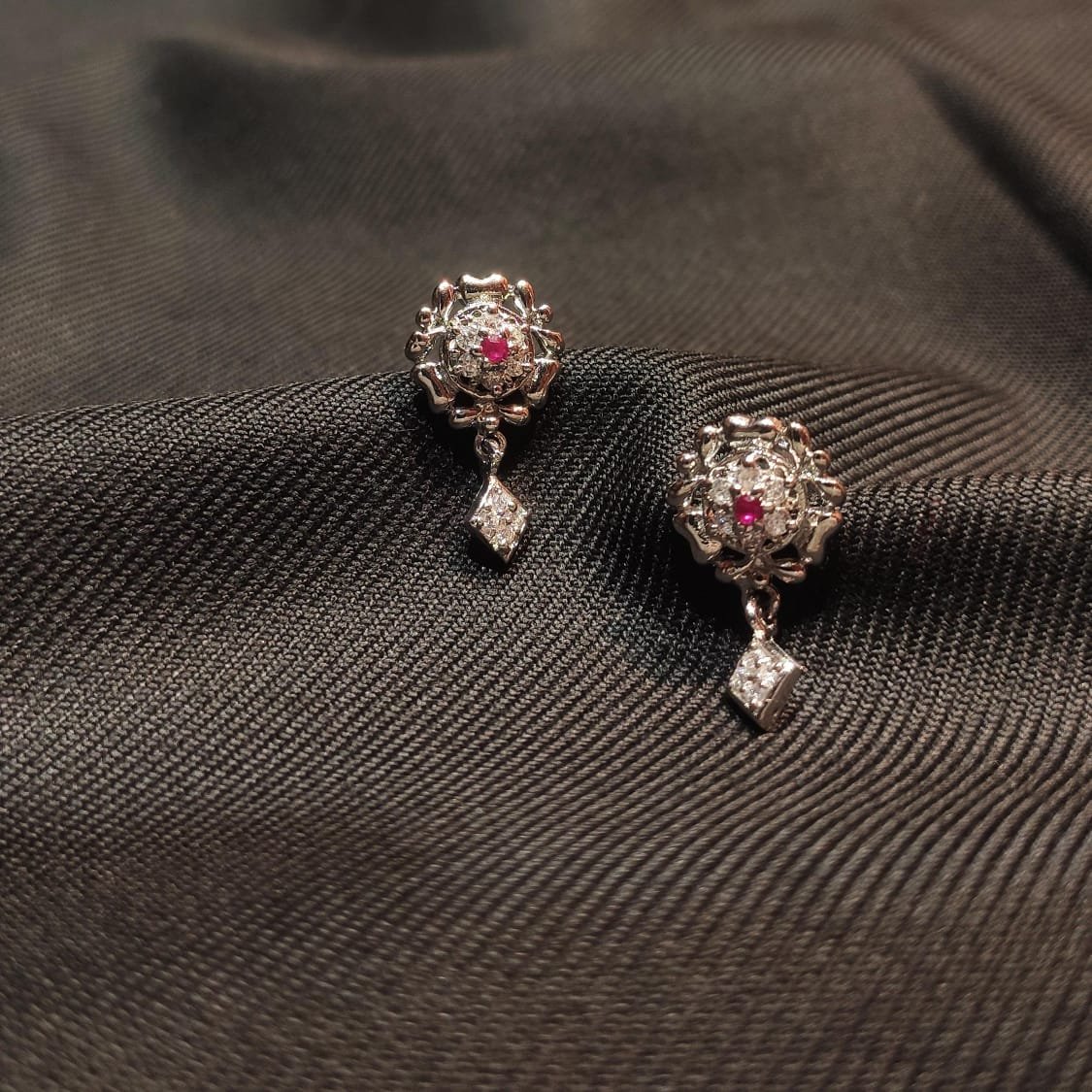 25A1764 Premium 92.5 Sterling Silver Floral Stud Earrings – Handcrafted Ruby & Zircon Victorian-Style Drop Studs with Rhodium Finish - Image 1