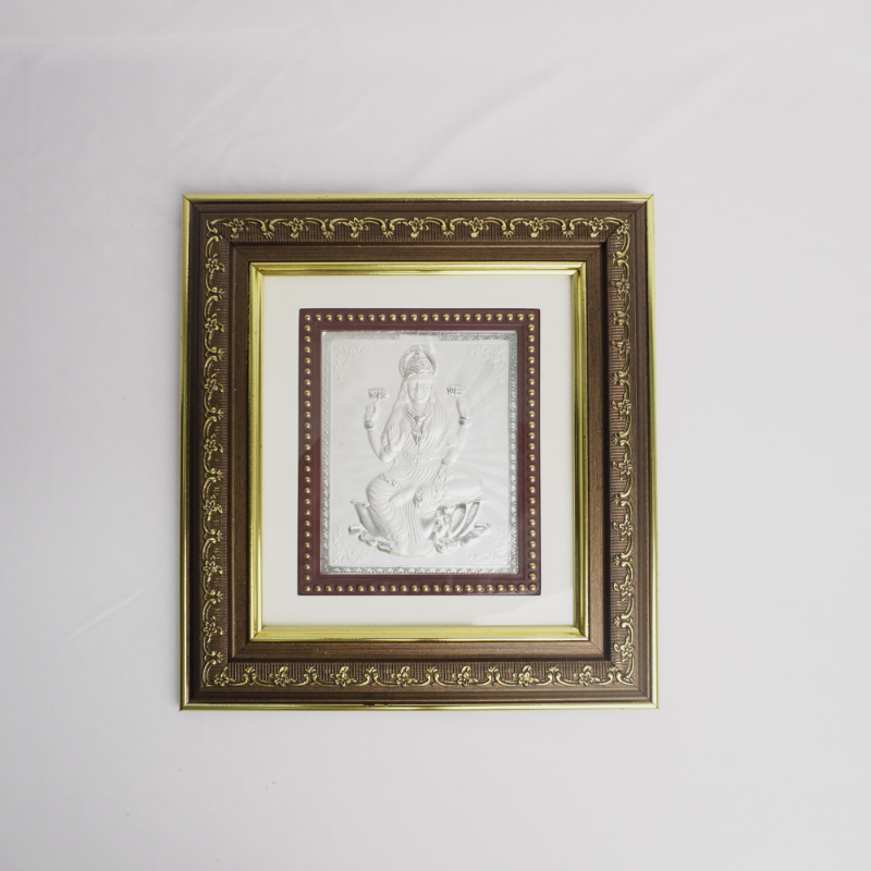 26D1908 Elegant Silver Lakshmi Wall Frame with Decorative Wooden Border - Image 1