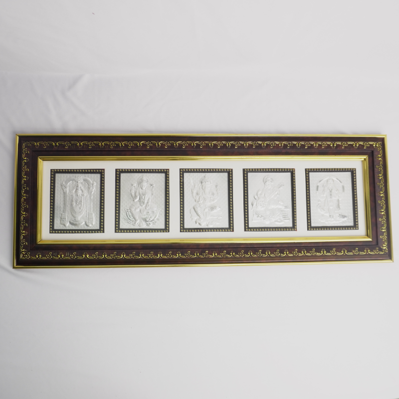 26L190 Premium Silver Divine Panchayatana Wall Frame with Decorative Wooden Border - Image 1