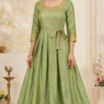 Sage Green Shimmer Silk Anarkali Gown Kurti with Multicolour Floral Embroidered Neckline & Tie-Up Waist Belt | Flared Ethnic Maxi Dress for Women | Wedding Reception & Festive Party Wear | 3/4th Sleeve Long Kurti