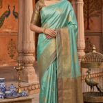 Mint Green Kanjivaram Silk Saree with Gold Zari Peacock Butta & Rich Antique Gold Broad Border | Traditional South Indian Wedding & Festive Saree for Women | Blouse Piece Included