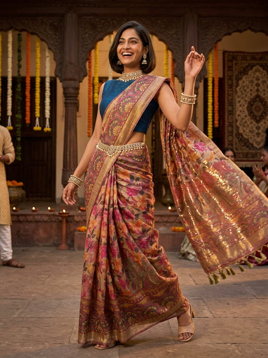 Gemini_Generated_Image_6zo4iz6zo4iz6zo4 (1) Multicolour Floral Digital Print Tissue Silk Saree with Gold Zari Woven Border & Tassel Pallu | Festive & Wedding Party Wear Saree for Women | Bollywood Style Ethnic Wear - Image 1