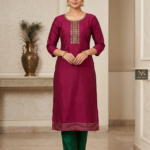 Maroon Silk Cotton Long Kurti with Kundan Stone Embroidered Placket Neckline & Gold Gota Stripe Hem Border | Straight Cut Ethnic Kurti for Women | Festive & Party Wear | 3/4th Sleeve Midi Kurti