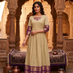 Beige Silk Cotton Umbrella Anarkali Kurti with Purple & Gold Zari Elephant Motif Neckline & Kanjivaram Temple Hem Border | 3/4th Sleeve Fancy Long Kurti for Women | Festive & Temple Wear | Ranaya Silks