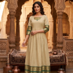 Beige Anarkali Kurti with Green & Gold Zari Woven Border | Pleated Flared Ethnic Gown Kurta for Women | Festive Temple & Wedding Wear | Cotton Silk Kurti with Neckline Embroidery