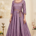 Lavender Shimmer Silk Anarkali Gown Kurti with Gold Zari Neckline Embroidery & Tie-Up Waist Belt | Flared Ethnic Maxi Dress for Women | Festive Party & Wedding Wear | 3/4th Sleeve Long Kurti