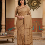 Khaki Beige Handloom Cotton Saree with Brown Woven Dash Motifs & Striped Border | Everyday Wear & Office Saree for Women | Soft Natural Cotton with Tassel Pallu