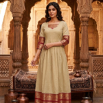 Cream Silk Cotton Umbrella Anarkali Kurti with Red & Gold Zari Elephant Motif Neckline & Temple Hem Border | 3/4th Sleeve Fancy Long Kurti for Women | Festive & Temple Wear | Ranaya Silks