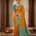 Mustard Yellow Silk Saree with Gold Zari Self-Stripe Body & Contrast Teal Blue Kanjivaram Woven Border | Traditional South Indian Festive & Wedding Saree for Women | Teal Zari Woven Blouse Piece Included