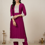 Magenta / Wine Pink Georgette Long Kurti with All-Over Sequin Mukaish Work, Gold Zari Embroidered Square Neckline & Broad Hem Border | Straight Cut Party Wear Kurti for Women | 3/4th Sleeve Ethnic Kurti