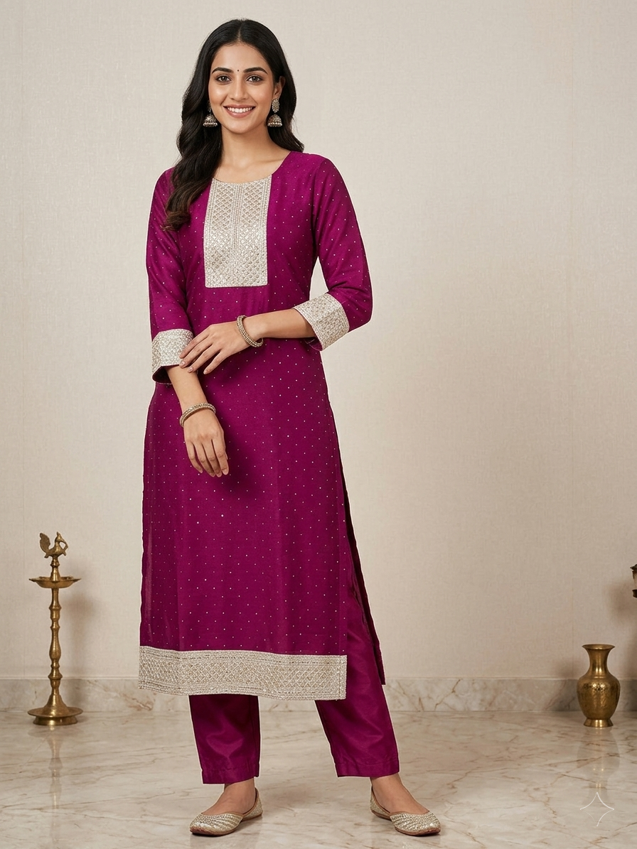 RM382464 Magenta / Wine Pink Georgette Long Kurti with All-Over Sequin Mukaish Work, Gold Zari Embroidered Square Neckline & Broad Hem Border | Straight Cut Party Wear Kurti for Women | 3/4th Sleeve Ethnic Kurti - Image 1