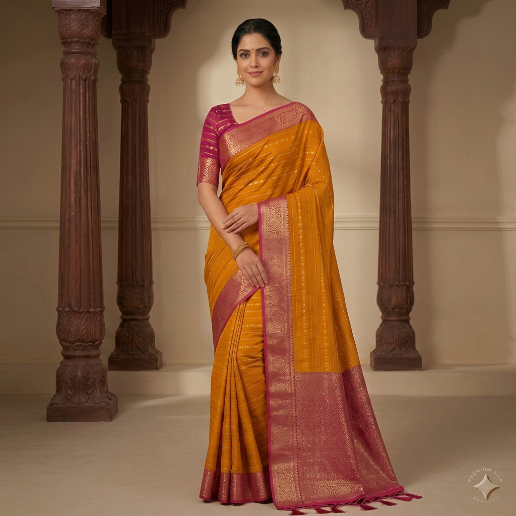 RM401685 Mustard Yellow Silk Saree with Gold Zari Self-Stripe Body & Contrast Magenta Pink Kanjivaram Zari Woven Border | Tassel Pallu | Traditional South Indian Wedding & Festive Saree | Magenta Blouse Piece Included - Image 1