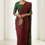 Maroon Handloom Cotton Linen Saree with Gold Zari Stripe Pallu & Contrast Dark Green Woven Border | Tassel Pallu | Everyday Festive & Temple Wear Saree for Women | Green Butta Blouse Piece Included | *Slight Colour & Design Variations May Occur*